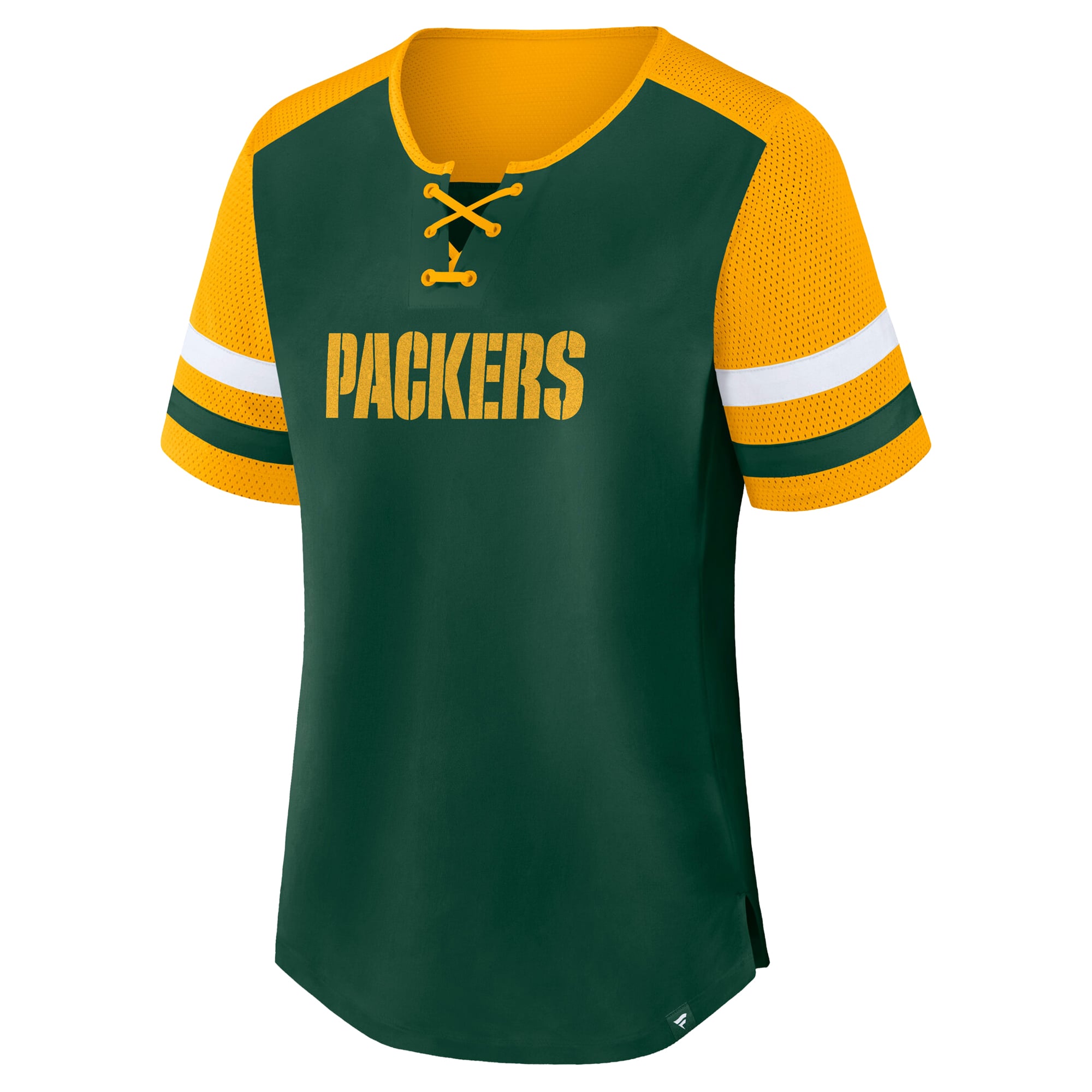 Women's Fanatics Green/Gold Green Bay Packers Plus Size Throwback Curl Route Lace-Up T-Shirt